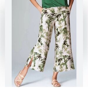 J. Jill Linen Leave Print Pants Wide Leg Ankle Slit Large Resortwear Tropical‎